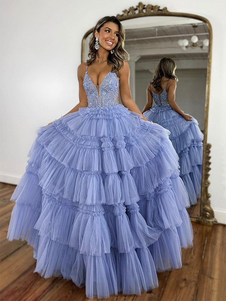 Light blue lace tulle long prom dress, blue formal dress