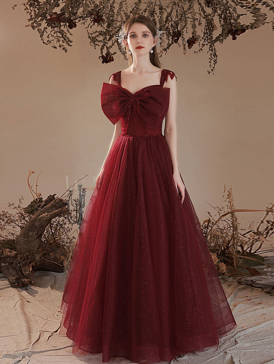 Burgundy tulle prom dress best sale